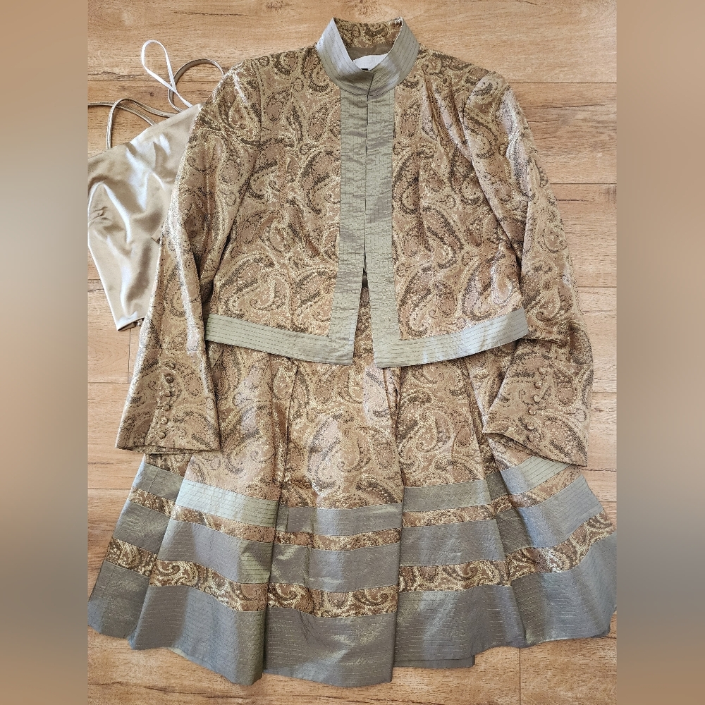 Set Of 3 BADGLEY MISCHKA Jacquard CHAMPAGNE Gold SILK Combo Blazer + Skirt SZ 8